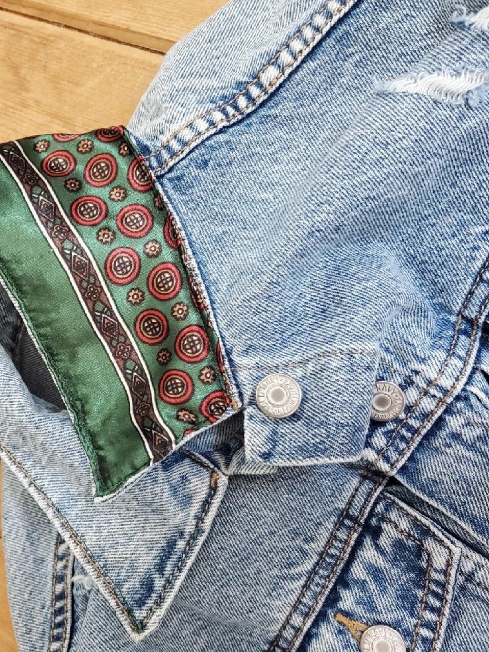 Upcycled Green Silk-Panel Denim Jacket - Women - Picture 3 of 3